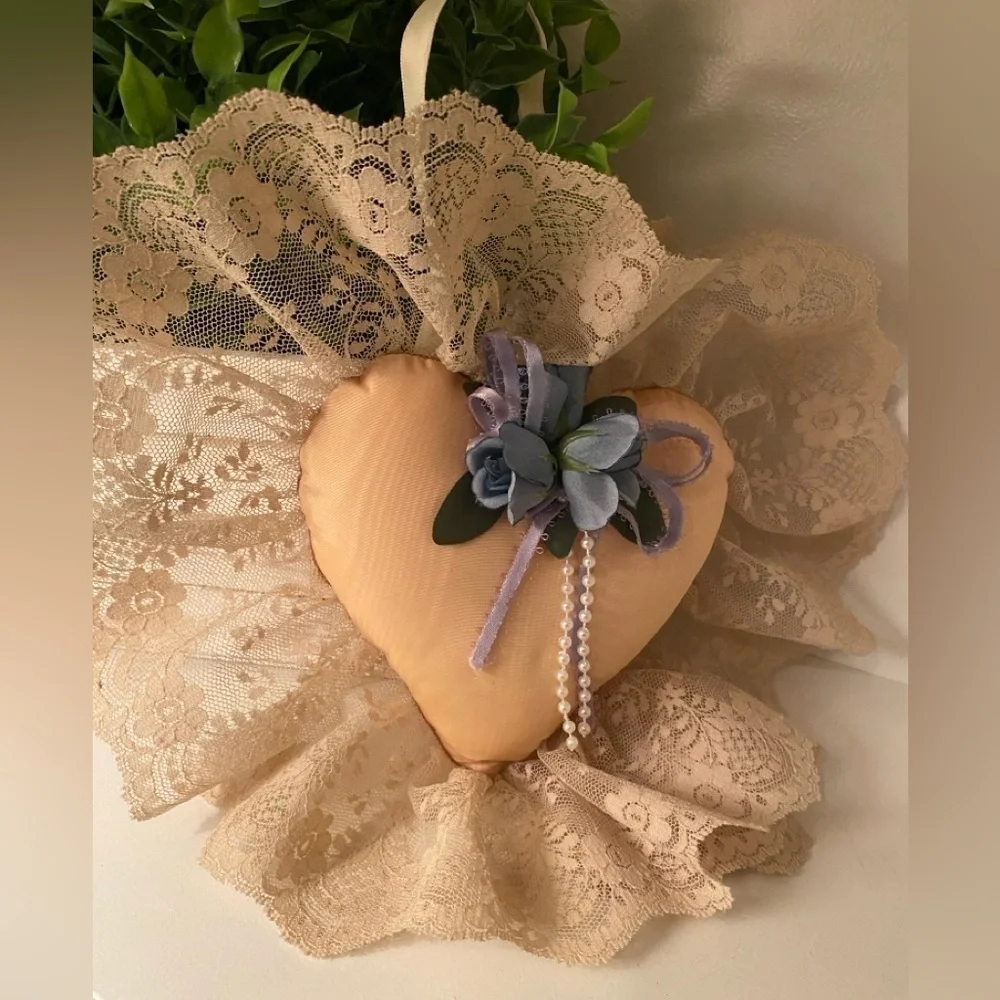 Heart Pillow Peach Shabby Chic Lace Ring Bearer Wedding Cottage Core Victorian